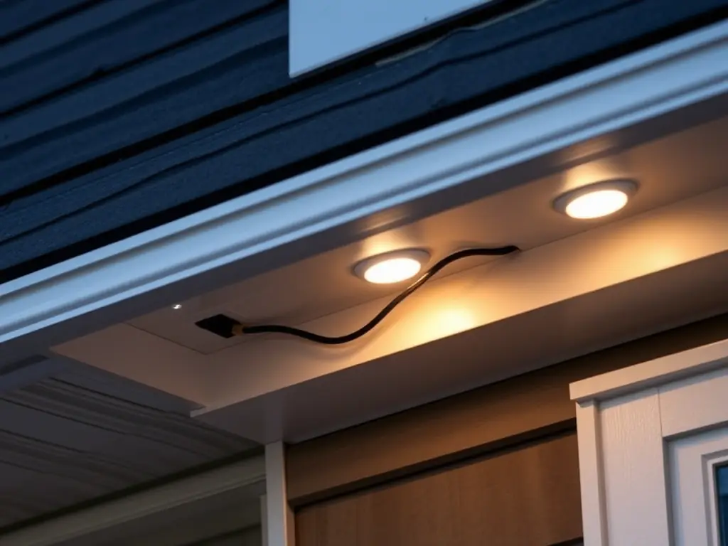 A close-up shot of Govee permanent outdoor lights installed under the soffit of a Calgary home, showcasing the clean, hidden wiring and professional finish of the installation.