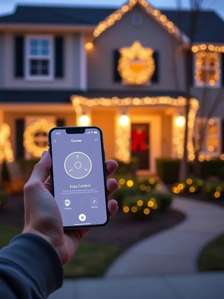 A homeowner using the Govee app on their smartphone to control and customize their permanent outdoor Christmas lights, demonstrating the user-friendly interface.