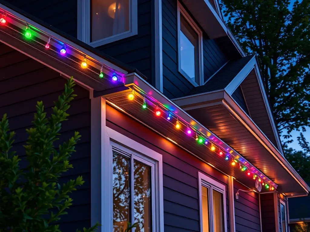 A modern house in Airdrie, Alberta, featuring vibrant and colorful Govee permanent outdoor lights during a summer night, highlighting the lights' ability to create a festive atmosphere.