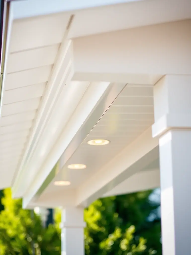 A close-up shot of Govee permanent outdoor lights installed under the soffit of a modern house, showcasing the clean lines and hidden wiring.