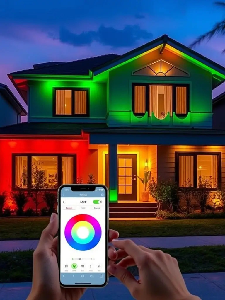An image showcasing the smart home integration features of Govee permanent outdoor lights, with a smartphone controlling the lighting settings.