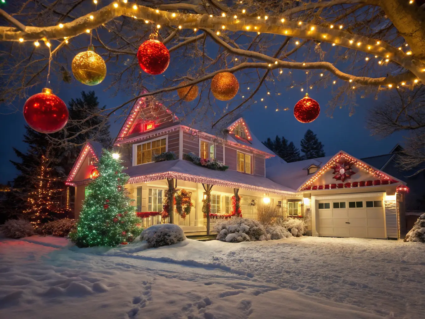 A close-up shot of multicolored permanent outdoor lights installed under the eaves of a house, displaying a vibrant and festive lighting arrangement.