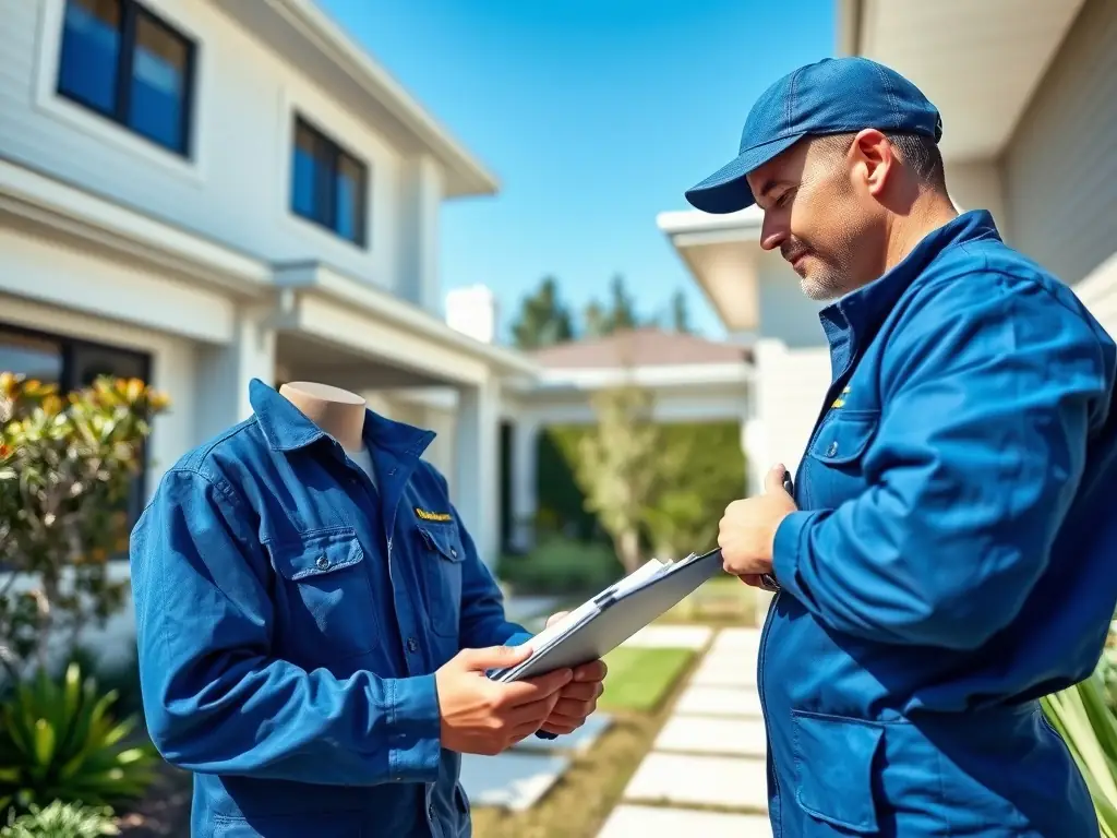 A friendly Govee Calgary technician measuring a home's soffit for permanent outdoor lighting installation, with a focus on precision and customer service.