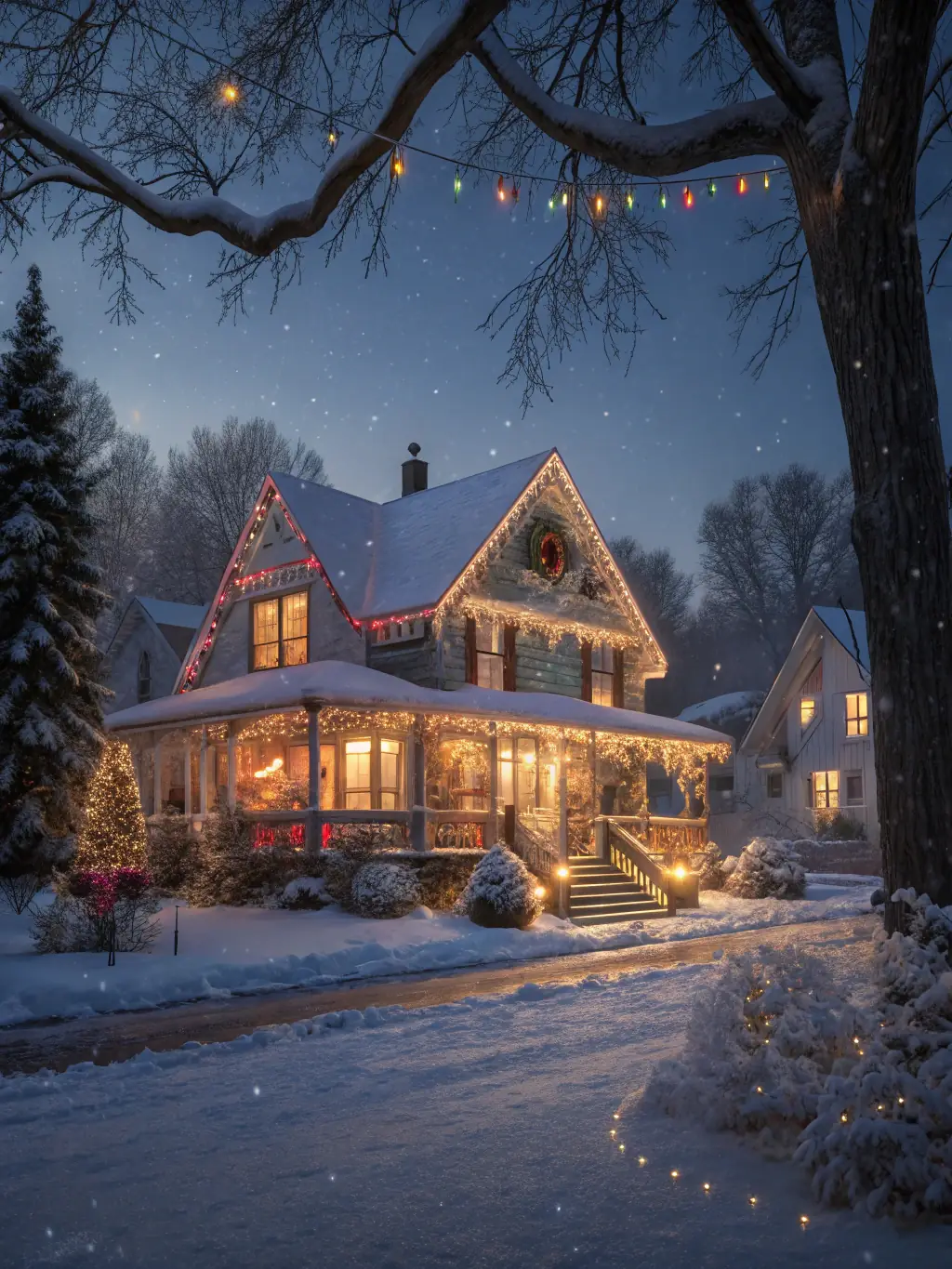 A vibrant display of Govee permanent outdoor lights showcasing a variety of colors and dynamic lighting effects on a residential home during the Christmas season.