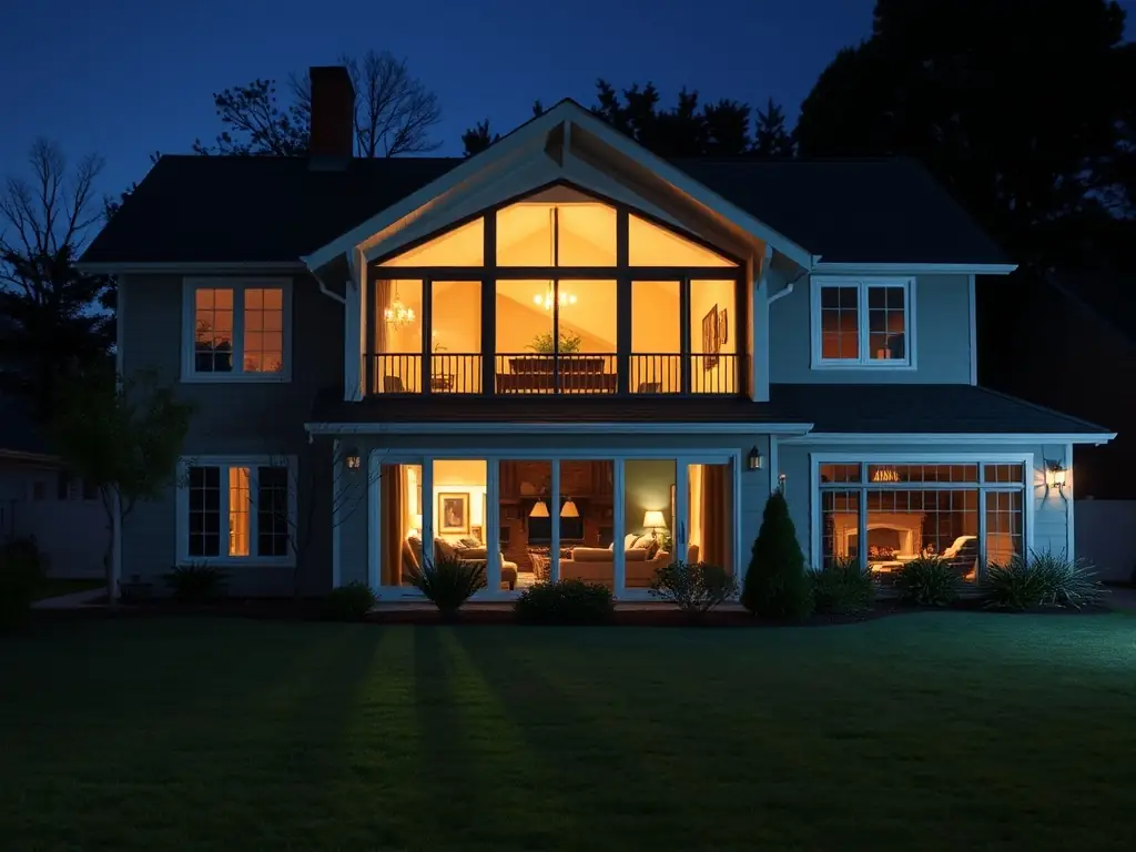 A cozy suburban home in Calgary, beautifully illuminated with warm white Govee permanent outdoor lights during a winter evening, showcasing a happy family enjoying the view from inside.