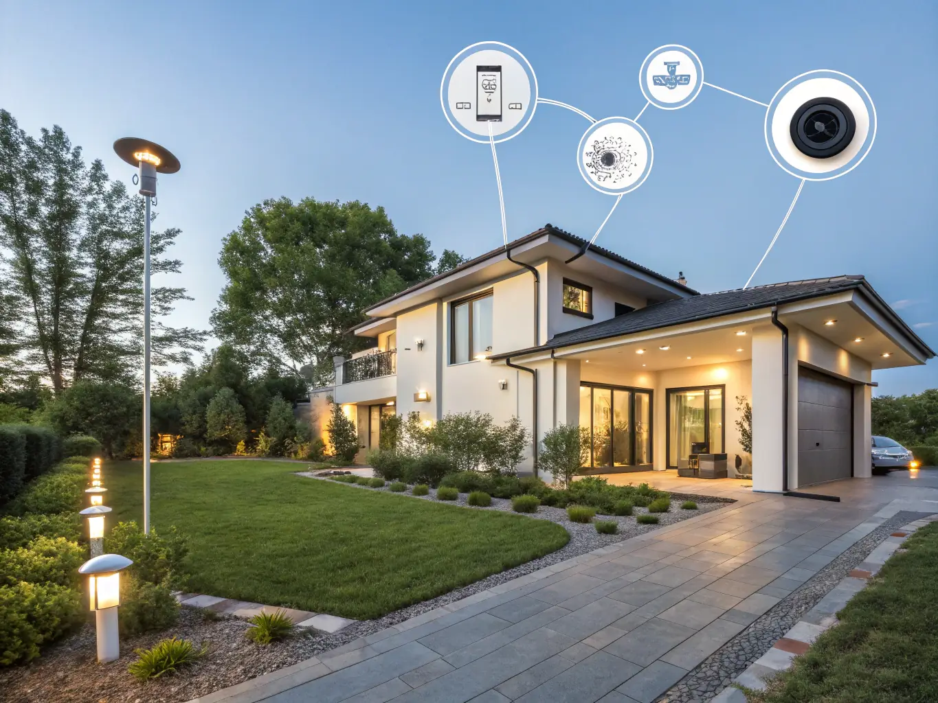 A house with smart permanent outdoor lights that are controlled via a smartphone app, showing the user interface on the phone with options to change colors and set schedules.