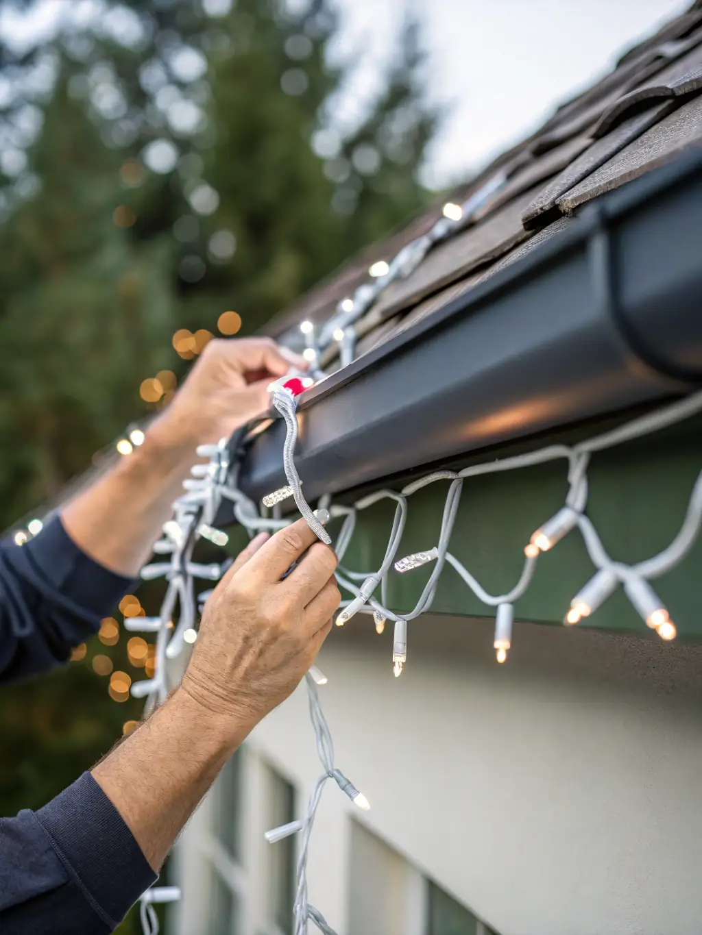 A close-up shot of Govee permanent outdoor lights installed under the eaves of a modern home, highlighting the sleek design and seamless integration with the architecture.