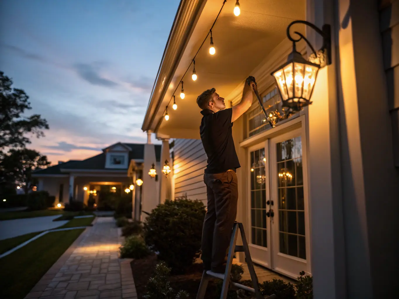 A Govee Calgary technician installing permanent outdoor lighting on the eaves of a modern home, ensuring wires are neatly concealed and clips are color-matched to the trim.
