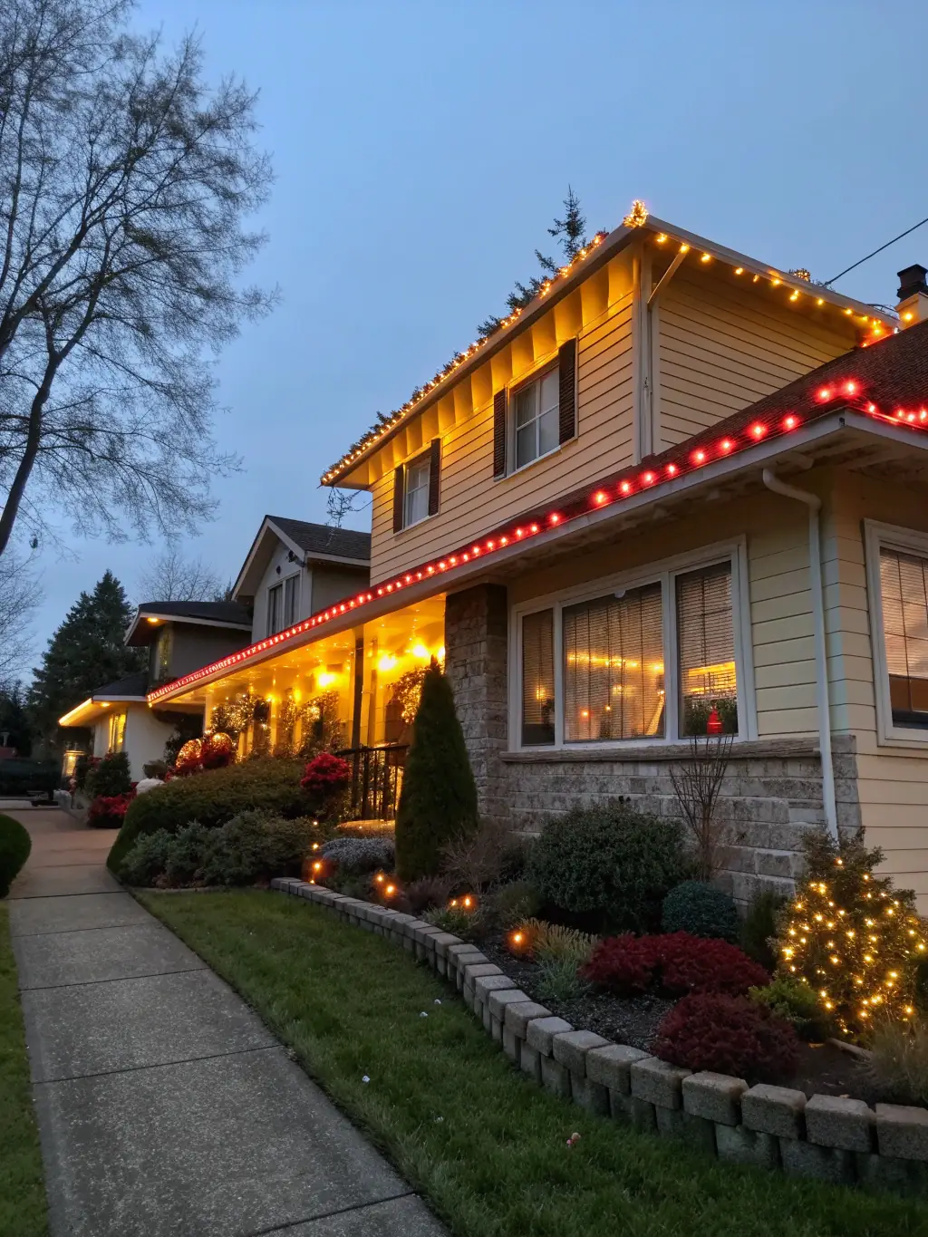 A wide shot of a Calgary home at dusk, illuminated with Govee Outdoor PRO lights, highlighting the vibrant colors and customizable lighting effects.