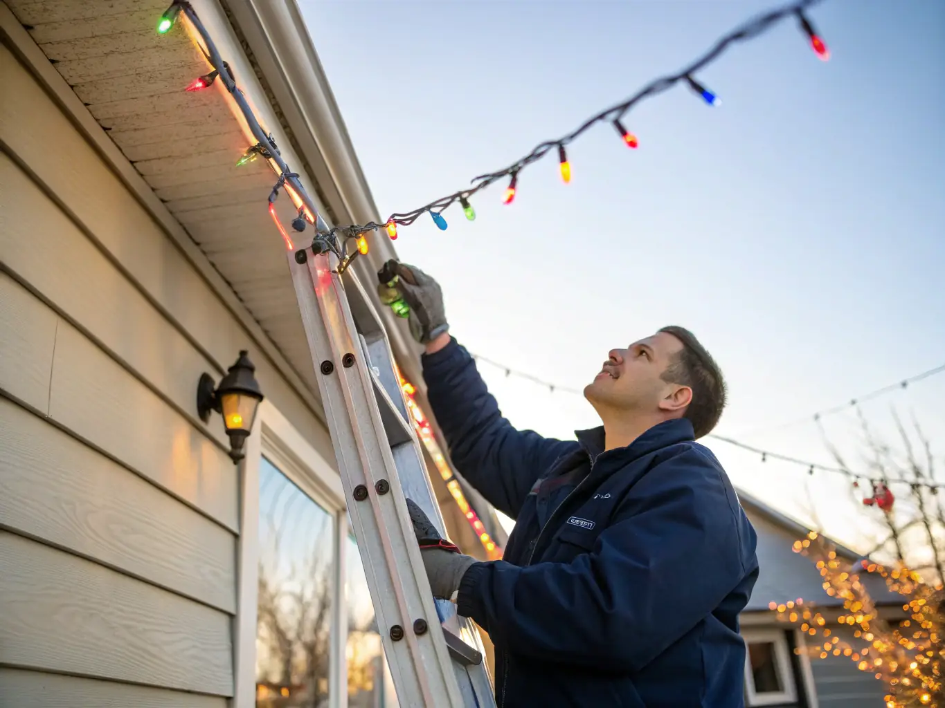 A Govee Calgary technician expertly installing outdoor lighting on a home's eaves, ensuring precise placement and secure attachment.